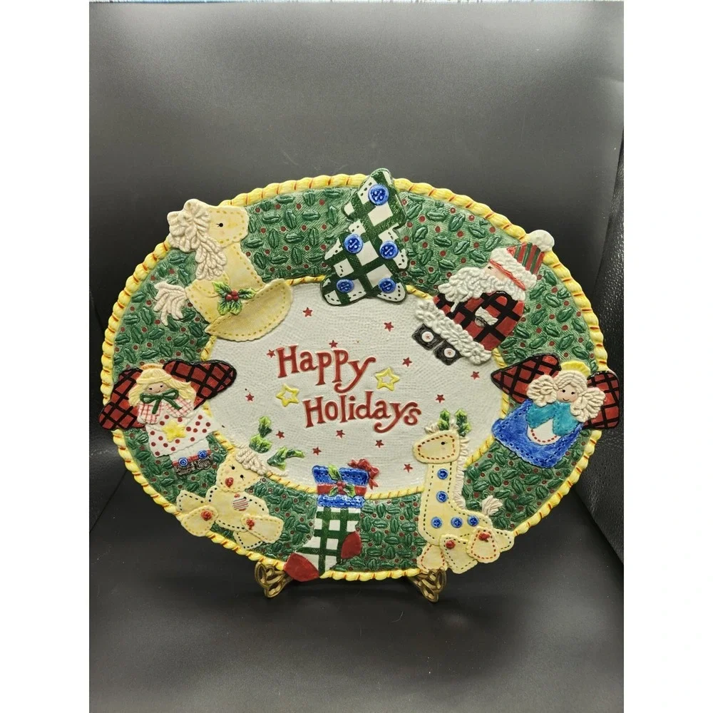 Festive Fitz And Floyd Christmas Holiday Platter Homespun Ceramic Large